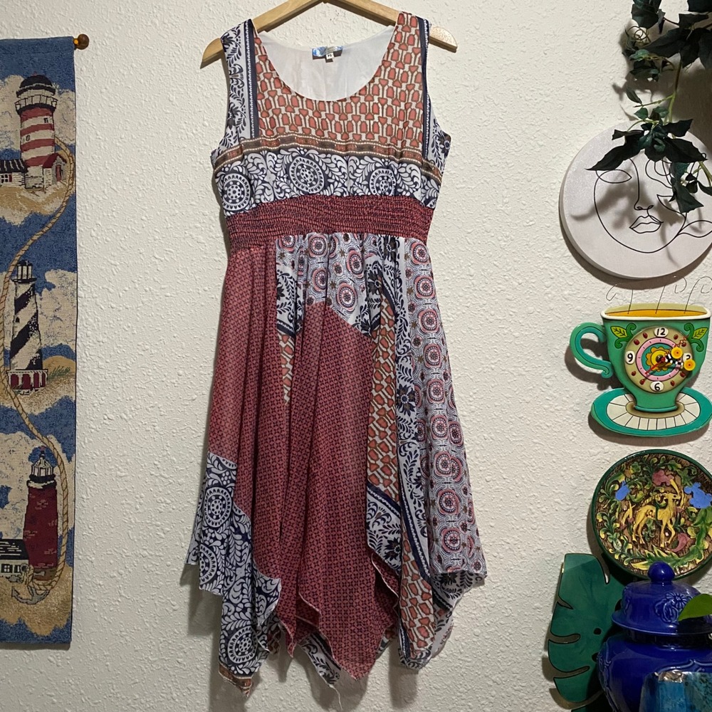 J Gee S Petite dress Bohemian Patchwork‎ Smocked Waist Handkerchief Hem whimsy